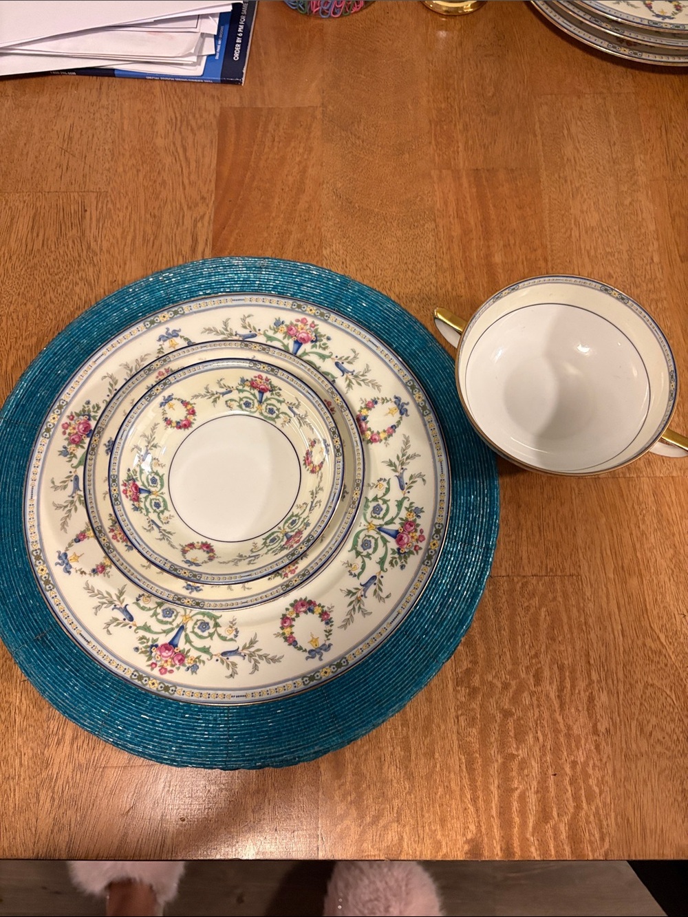 Elegant Floral China Dinner Plate and Cup Set - Cream with Blue and Gold Accents